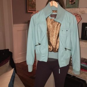 light blue faux leather cropped jacket